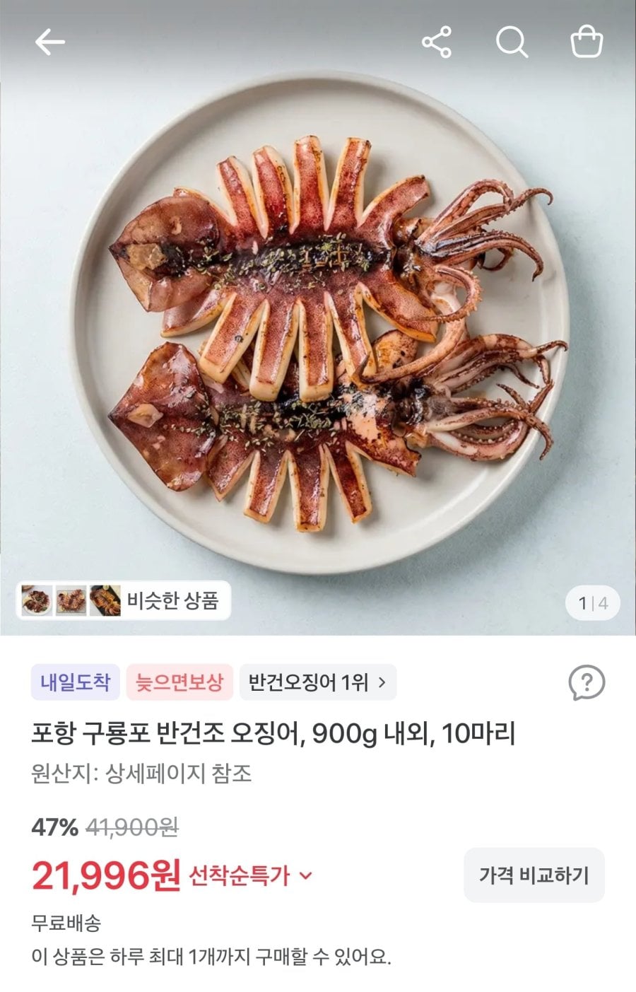 포항 구룡포 반건조 오징어, 900g 내외, 10마리 (21,996원/무료)