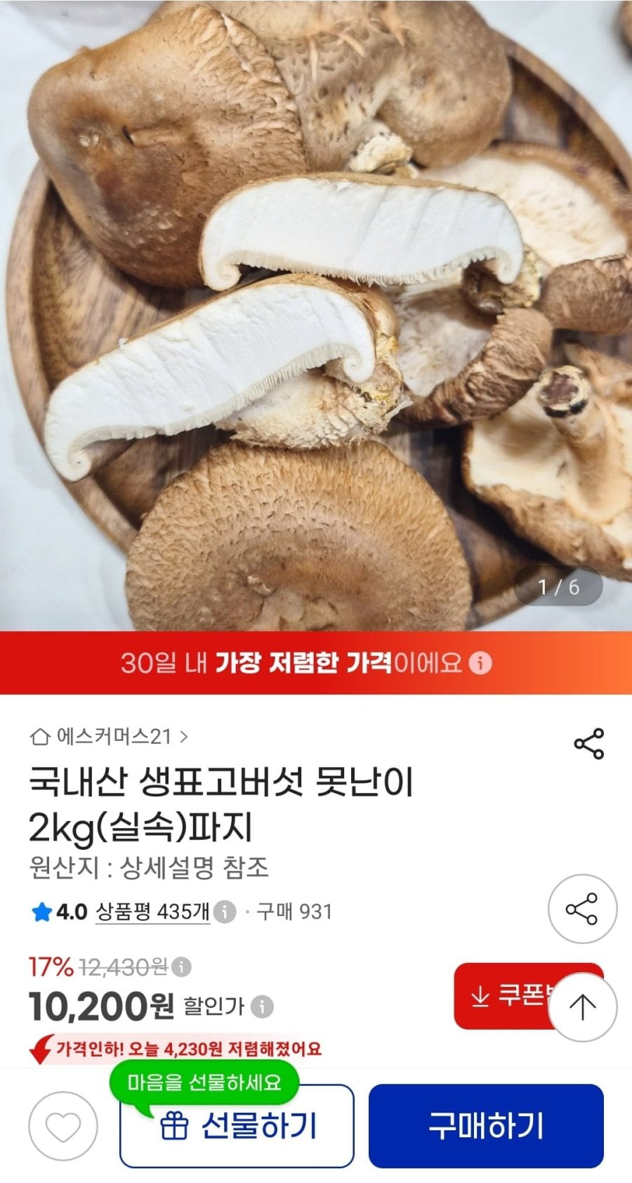 국내산 못난이 생표고버섯 파지 2kg (10,200원/무료)