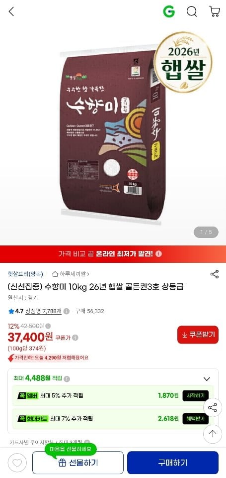 수향미 10kg 26년 햅쌀 골든퀸3호 상등급 (37,400원/무료)