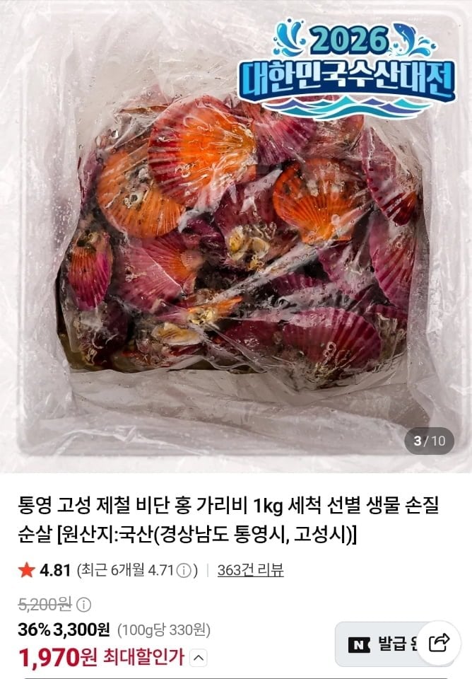 통영 고성 제철 비단 홍 가리비 1kg (1,970원/2kg이상네멤무료)