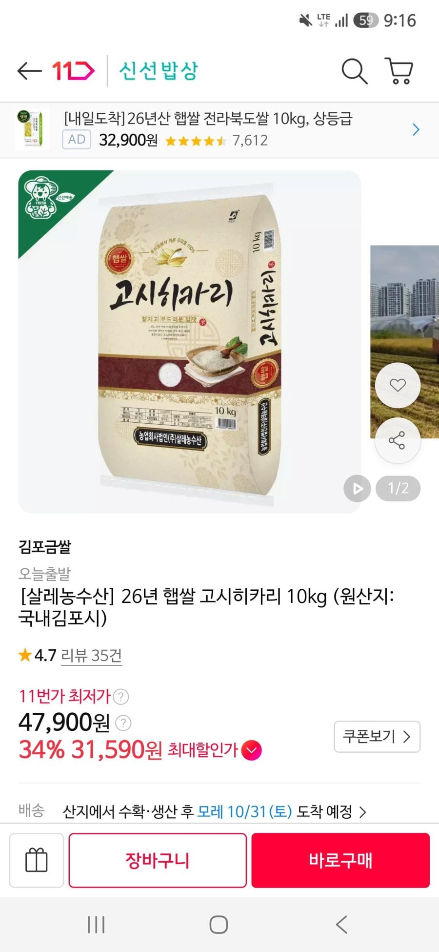 26년산 고시히카리 10kg 햅쌀 상등급(31900/무료)
