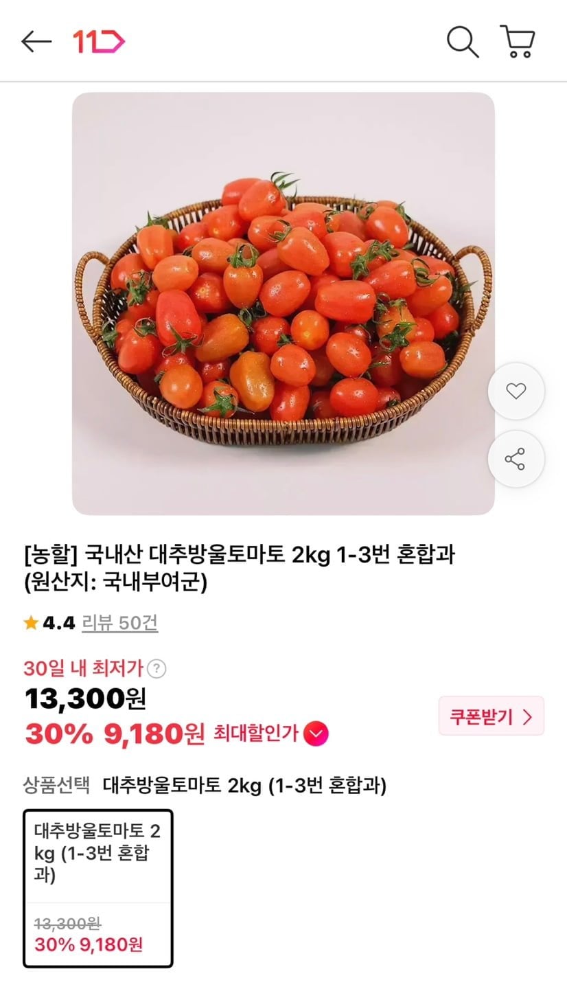 국내산 대추방울토마토 2kg 1-3번 혼합과 (9,310원/무료)