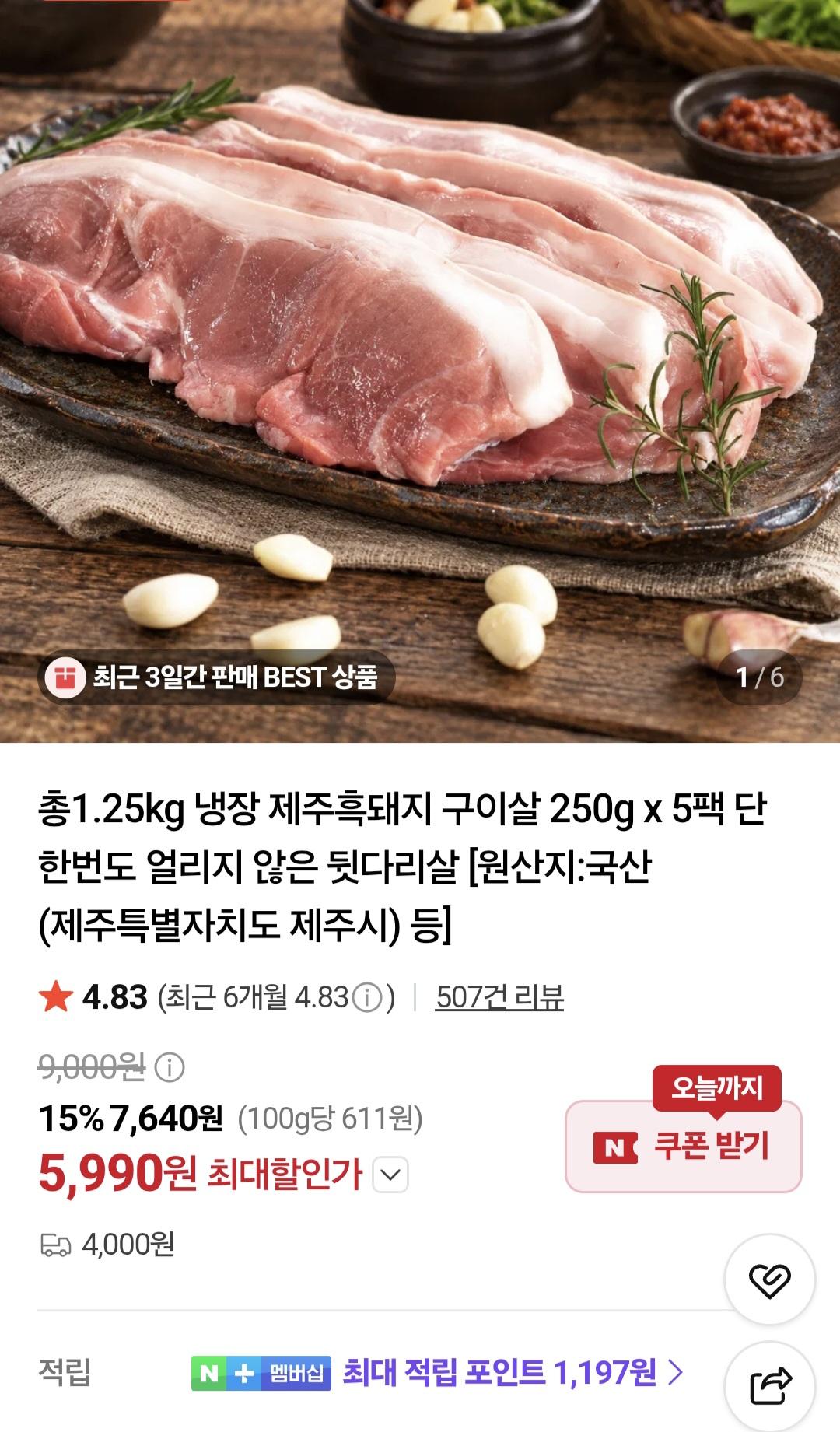 총1.25kg 냉장 제주흑돼지 구이살 250g x 5팩 외(5,990원/네멤2팩무료)