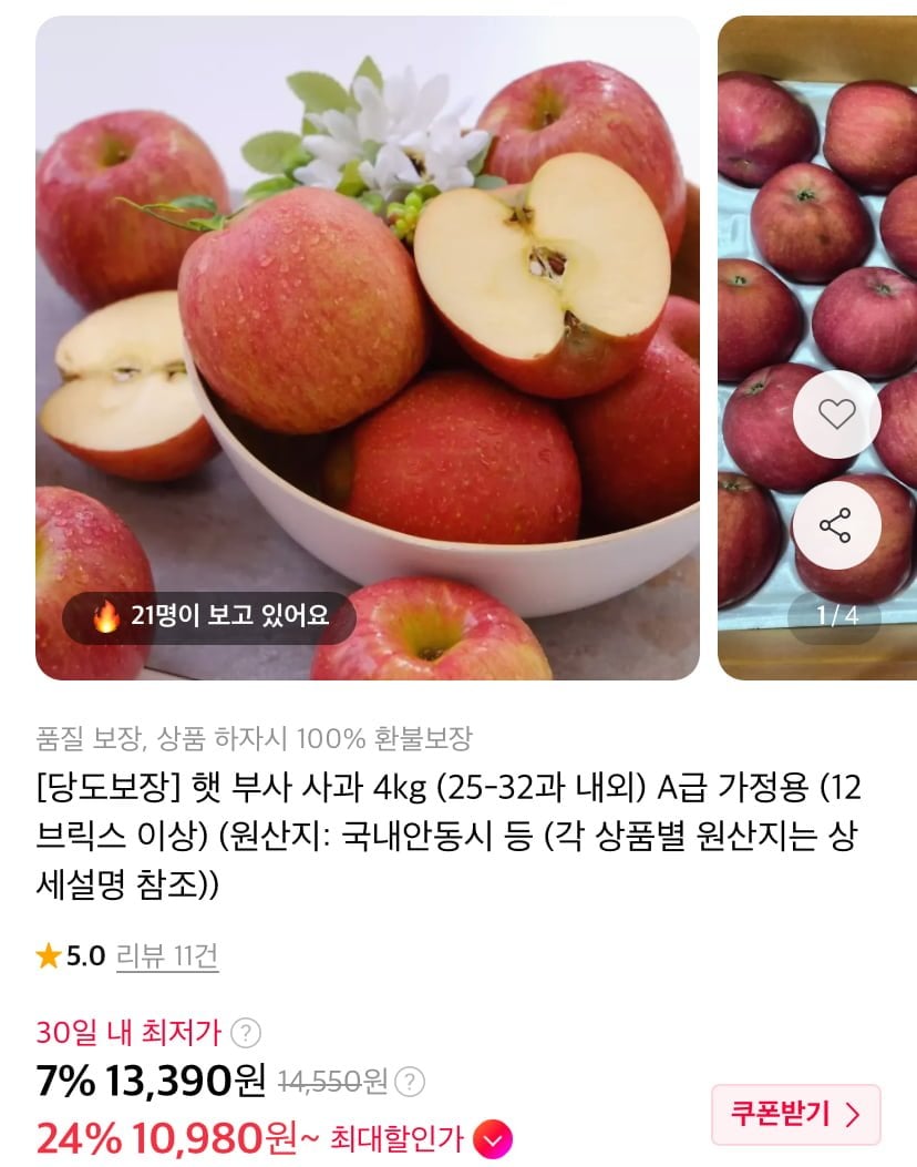 부사 사과 가정용 4kg (13,390원/무료)